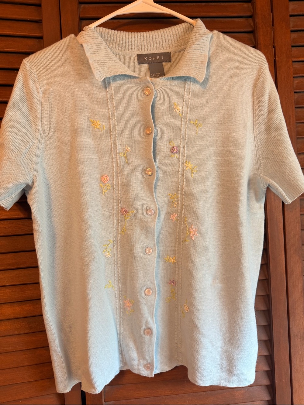 Koret Pale Blue Short-Sleeve Button Cardigan with Pastel Floral Embroidery